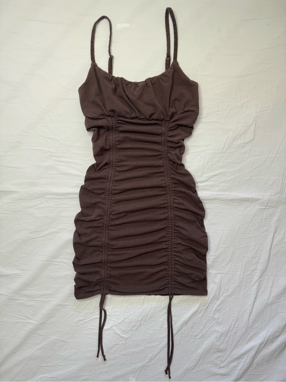 Ruched Spaghetti-Strap Mini Dress in Chocolate Brown 🍫